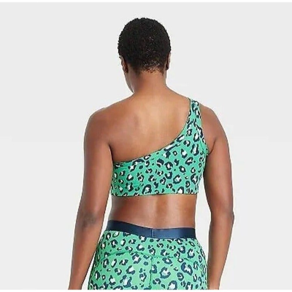 Women's All in Motion Light Support Leopard Asymmetrical Sports Bra Green XS - Picture 2 of 8